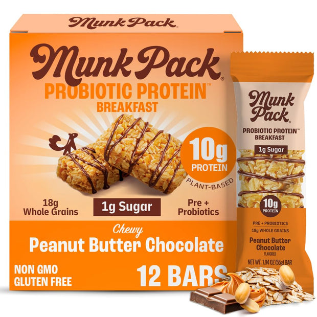Munk Pack Peanut Butter Probiotic Protein Bars Stocking Stuffers | 10g Plant Protein, 1g Sugar, 6g Fiber | Diabetic-Friendly Ideal Breakfast Bars - On-the-Go Snacks, Gluten-Free, Non-GMO | 12 Count