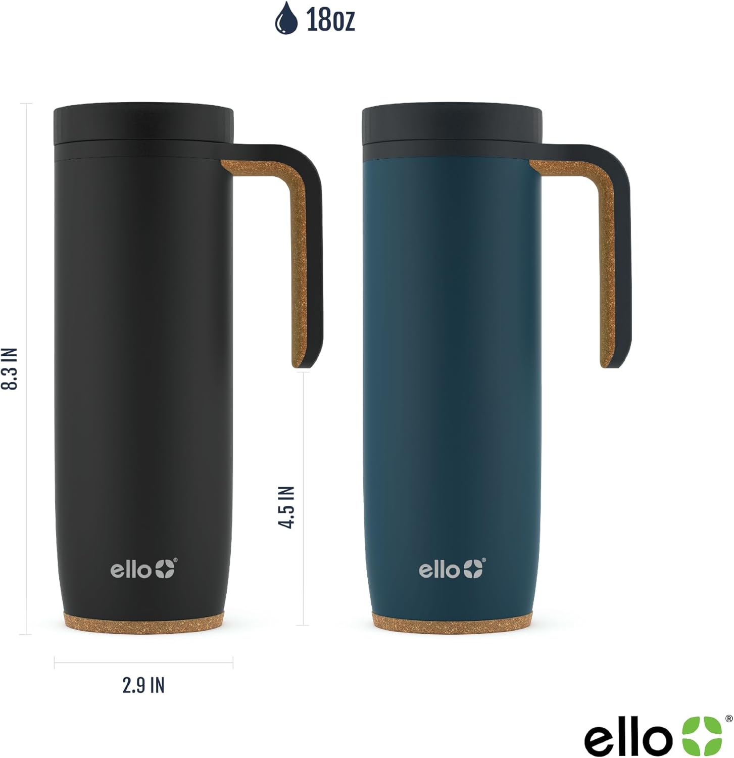 Ello Magnet 18oz Vacuum Insulated Stainless Steel Travel Mug with Side Handle and Leak-Proof Slider Lid and Built-in Coaster, Keeps Hot for 5 Hours