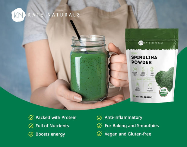 Kate Naturals Organic Spirulina Powder for Immune Support and Antioxidants. Nutrient Dense Superfood Supplement (8 oz, USDA Certified, Non-GMO, Gluten- Free)