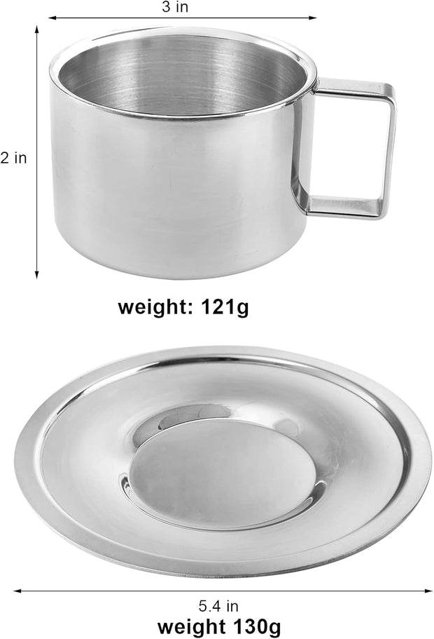 ZENFUN 4 Pack 6.8 oz Coffee Cups Set, 18/8 Stainless Steel Espresso Cup with Saucer and Spoon, Cute Coffee Mugs with Handle, Drinkware Cup for Latte, Cappuccino, Milk, Tea