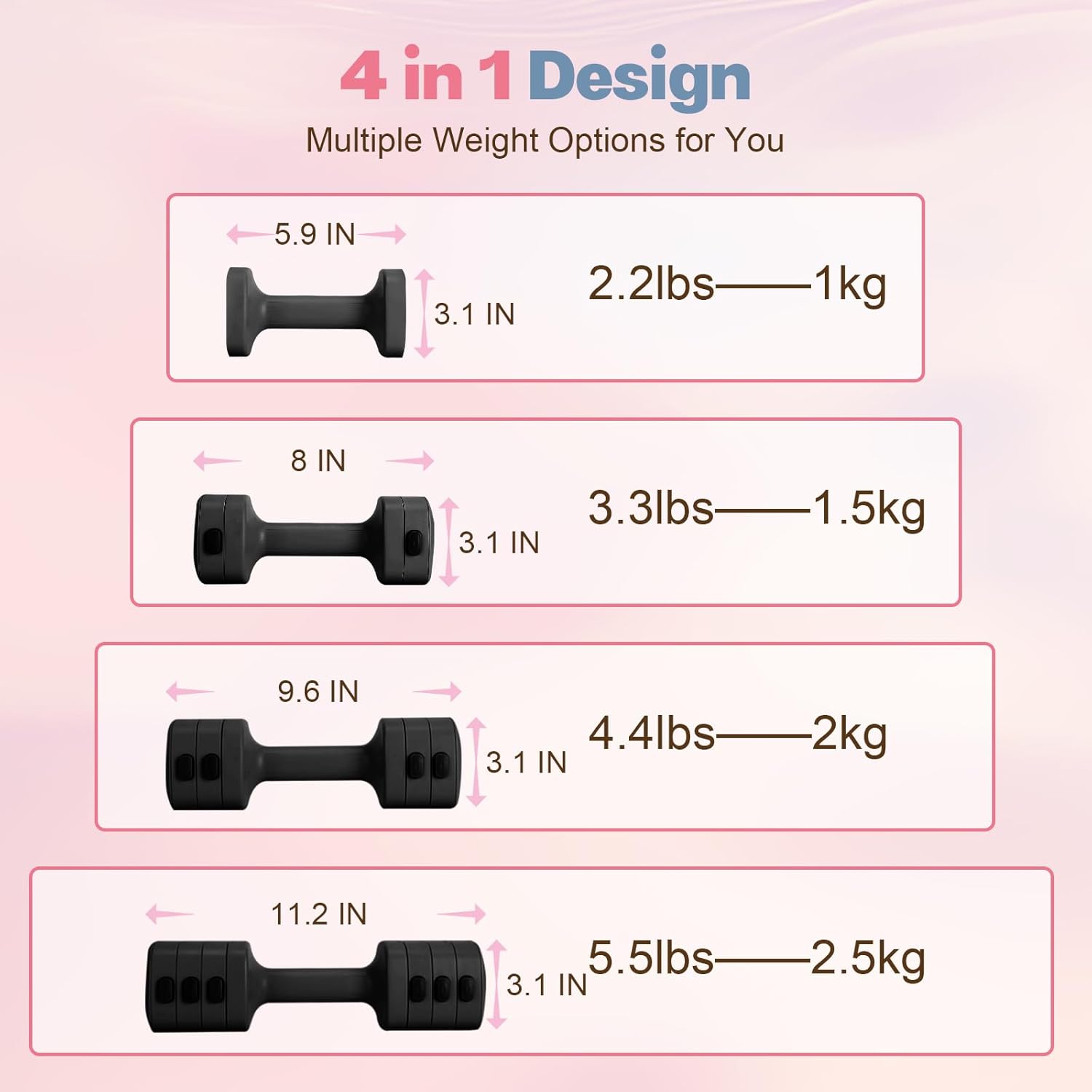 Adjustable Dumbbell Set of 2, 4 in 1 Free Weights Dumbbells Set for Women with Fast Adjustment, Each 2lb 3lb 4lb 5lb Hand Weights Set for Home Gym & Outdoor Exercise Training