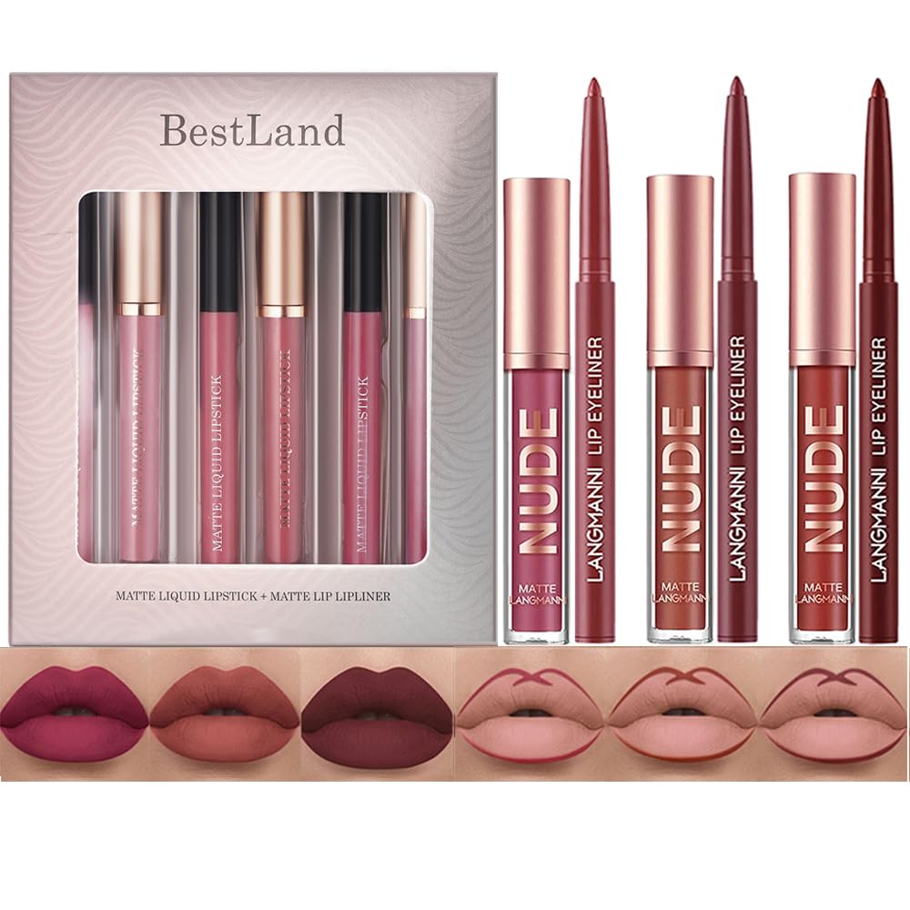 BestLand 12Pcs Matte Liquid Lipstick + Lip Liner Pens Set, One Step Lips Makeup Sets Pigment Velvety Nude Lip Stain Waterproof Long Wear Lip Gloss Make up Gift Set (Set B)