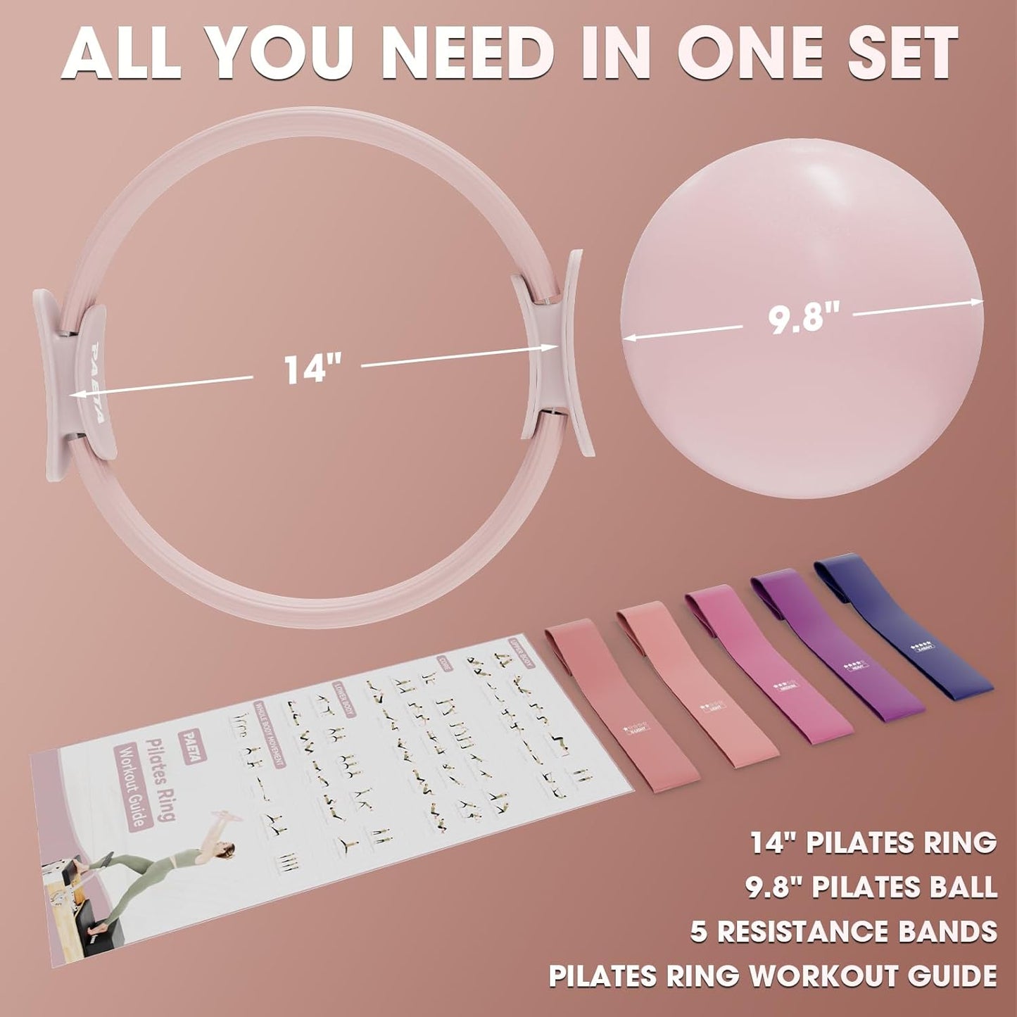 PAETA Pilates Ring Set – 14” Magic Circle (38 lbs Resistance), 9.8” Pilates Ball, 5 Resistance Bands, and Exercise Guide Included for Home Workouts