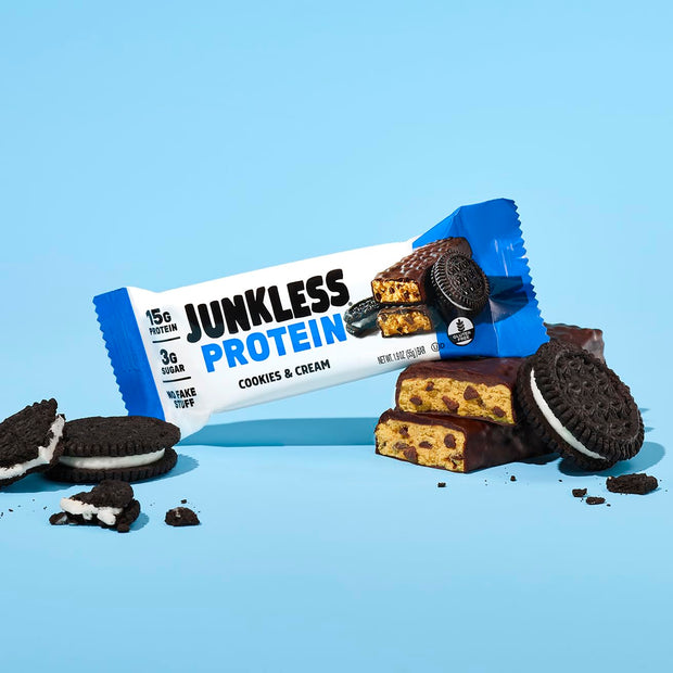 JUNKLESS Protein Bars - Cookies & Cream - 15g Protein, No Added Sugar, Gluten Free, High Fiber, Delicious Taste and Texture, Satisfying, Healthy Snack for Energy - 12 Bars