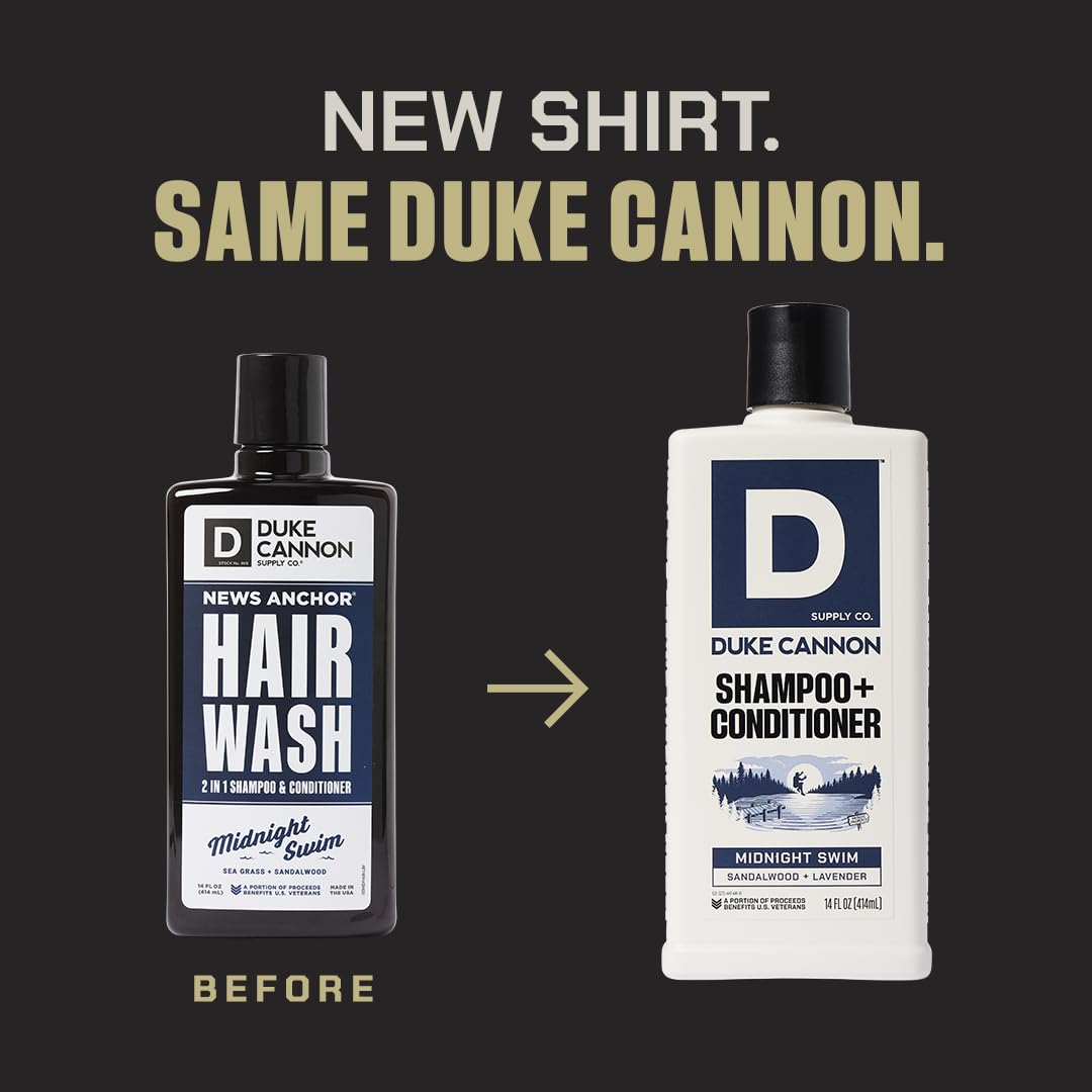 Duke Cannon Supply Co. 2-in-1 Hair Wash - Masculine Scent - Gentle Cleansing Hair Wash For Men - Stimulating Hair Shampoo & Conditioner - Tea Tree & Midnight Swim & Sawtooth- 3 Pack (14 oz)
