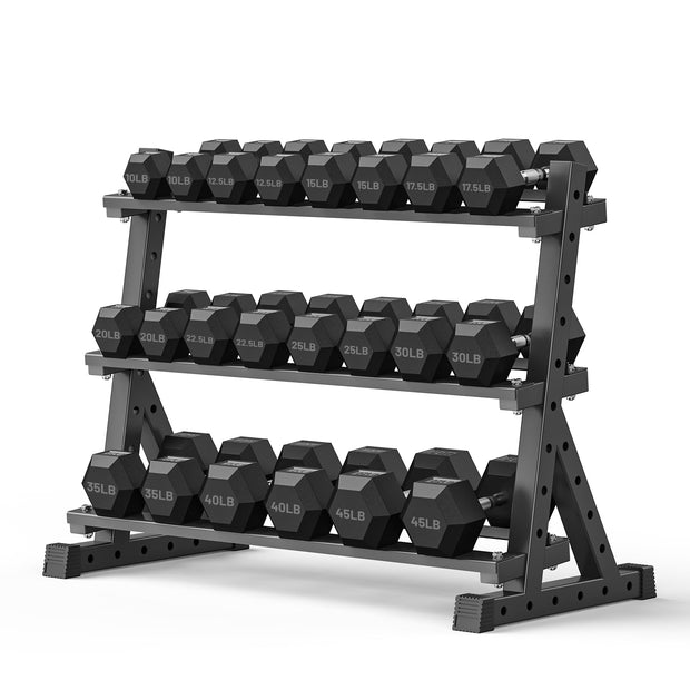 PAPABABE Hex Dumbbell Set with Rack, Rubber Encased Free Weight with Weight Storage Racks, Multiple Weight Options for Home Gym and Fitness