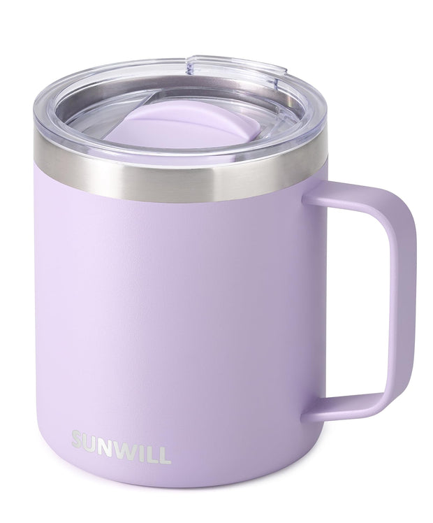 SUNWILL Insulated Coffee Mug with Lid, Travel Tumbler with Handle, 14 oz Stainless Steel Cup for Camping, Office, Home, Powder Coated White