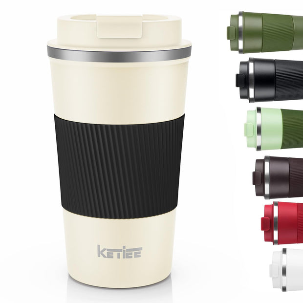 KETIEE Travel Coffee Mug Spill Proof 12oz, Insulated Reusable Coffee Cups with Seal Lid, Vacuum Stainless Steel Travel Mug to Go Car Tumbler for Hot/Ice Drinks (Grey)