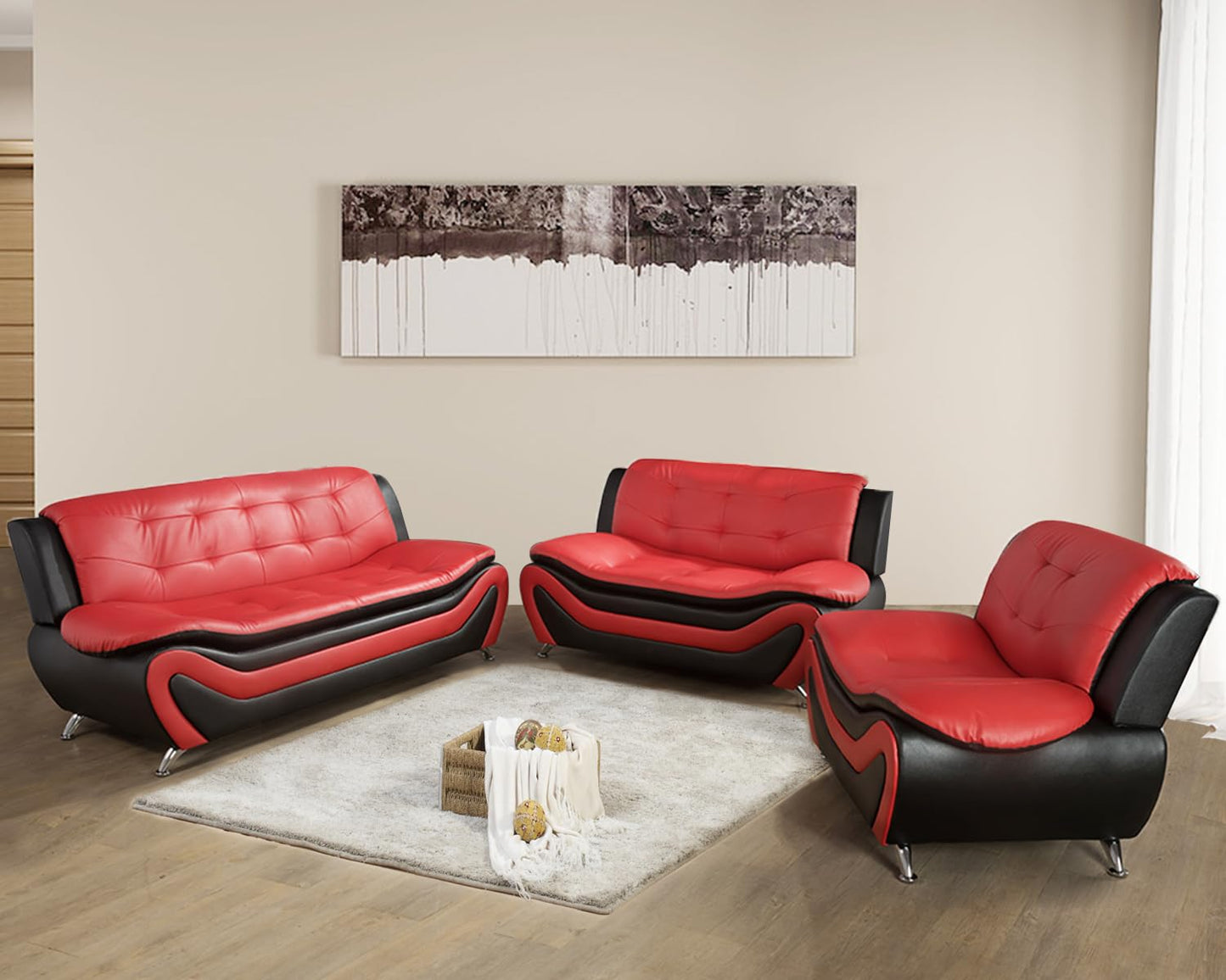 3 Piece Living Room Furniture Set, Leather Sofa Set for Living Room, Modern Couch Set with 3-Seater Sofa, Loveseat and Armchair (Black 2)