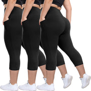 HLTPRO 3 Pack Plus Size Leggings with Pockets for Women - Black High Waisted Tummy Control Soft Yoga Pants for Gym Workout