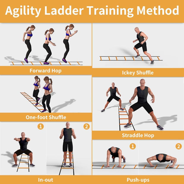 YISSVIC Agility Ladder and Cones 20 Feet 12 Adjustable Rungs Fitness Speed Training Equipment,1 Carry Bags, 10 Cones, 4 Stakes, Basketball, Soccer