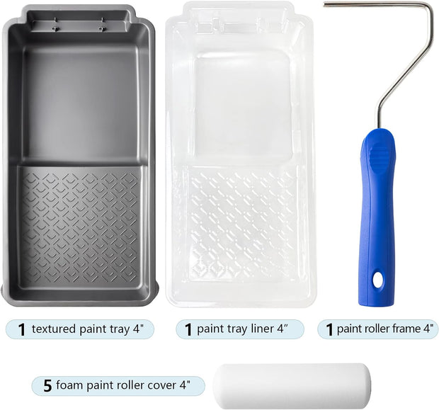 Mister Rui Foam Paint Roller, 8 Pack 4 Inch Paint Roller Kit, Complete 4" Mini Paint Roller Kit with Small Foam Paint Roller Covers, Frame, Tray and Liner for Professional Painting Results