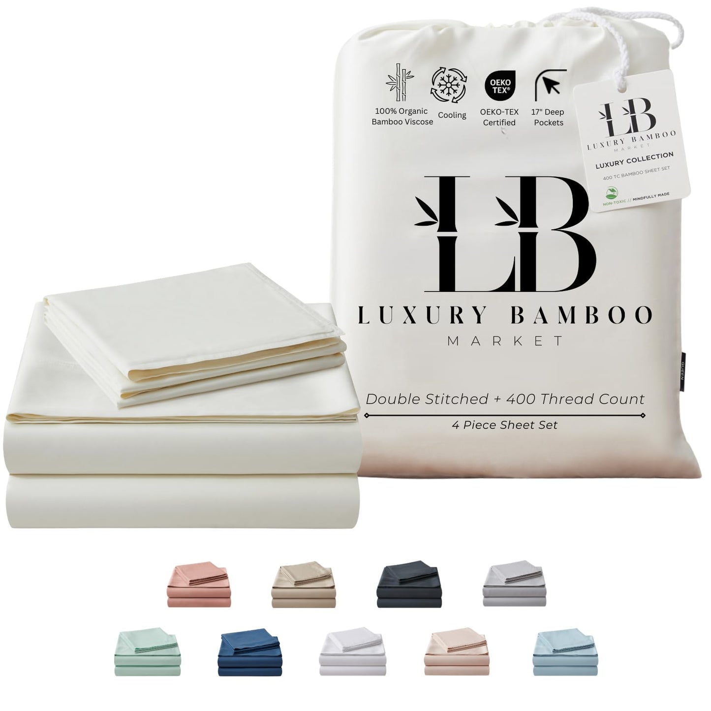 Luxury Bamboo Market | Queen Size Bed Sheet Set | 100% Viscose Made from Bamboo | Organically Grown | Ultra Soft | Cooling Sheets for Hot Sleepers | 17" Deep Pocket [Dune]