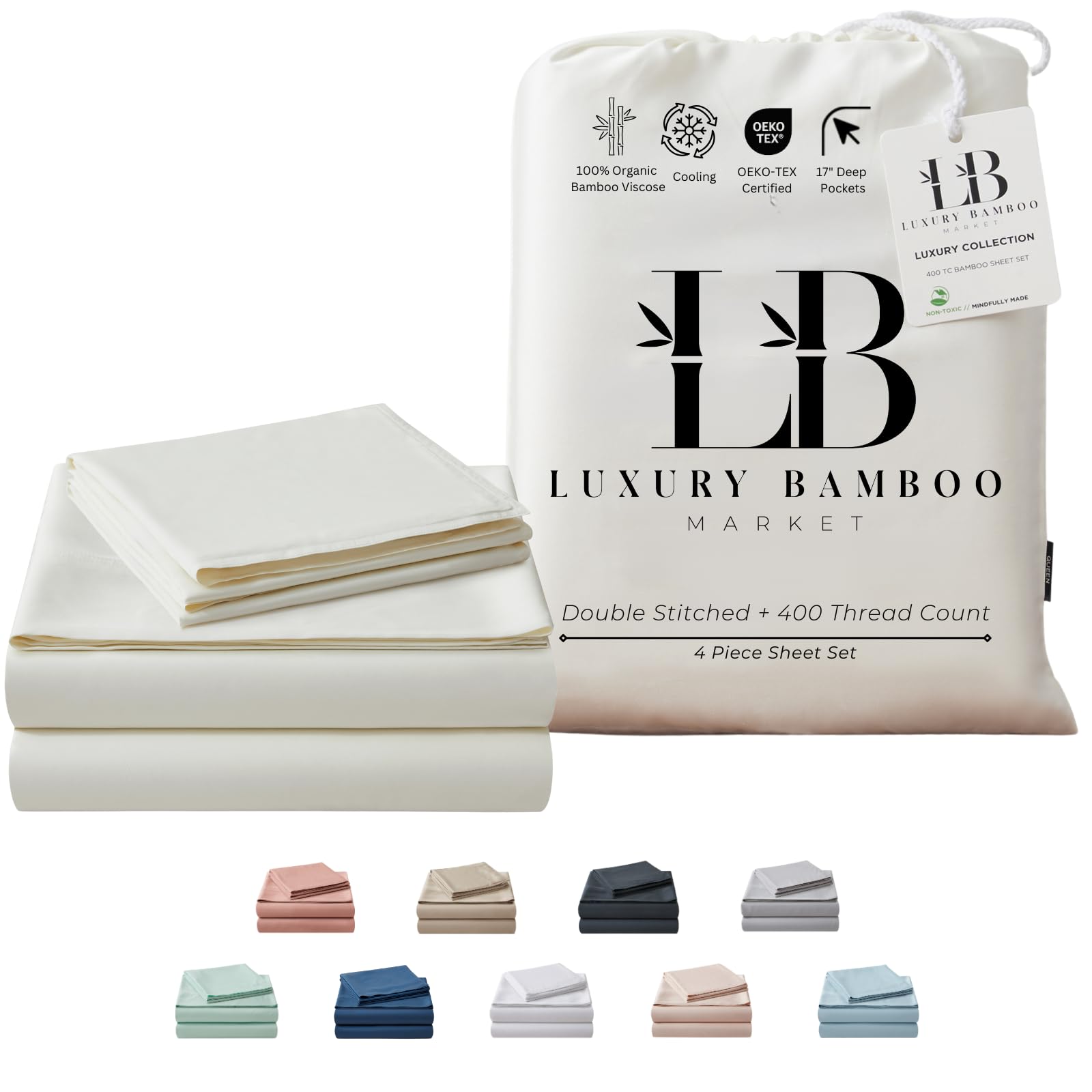 Luxury Bamboo Market | Queen Size Bed Sheet Set | 100% Viscose Made from Bamboo | Organically Grown | Ultra Soft | Cooling Sheets for Hot Sleepers | 17" Deep Pocket [Dune]