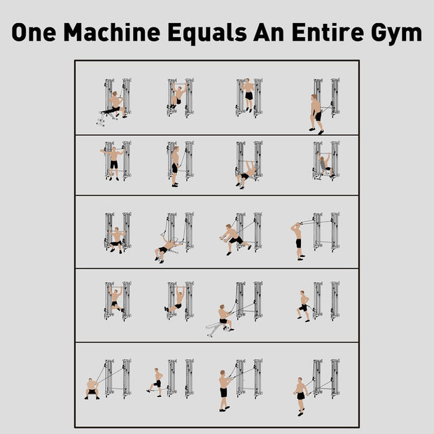 Wall-Mounted Folding Smith Machine Home Gym, All-in-One Compact Power Cage & Cable Pulley Trainer with 125–250LB Dual-User Resistance Band System for Home, Garage, Basement Fitness