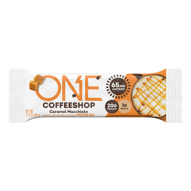 ONE Coffee Shop Caffeinated Protein Bars, Caramel Macchiato, Gluten Free with 20g Protein and 65mg of Caffeine Energy, Pantry Staples, 2.12 oz (12 Count), Packaging May Vary