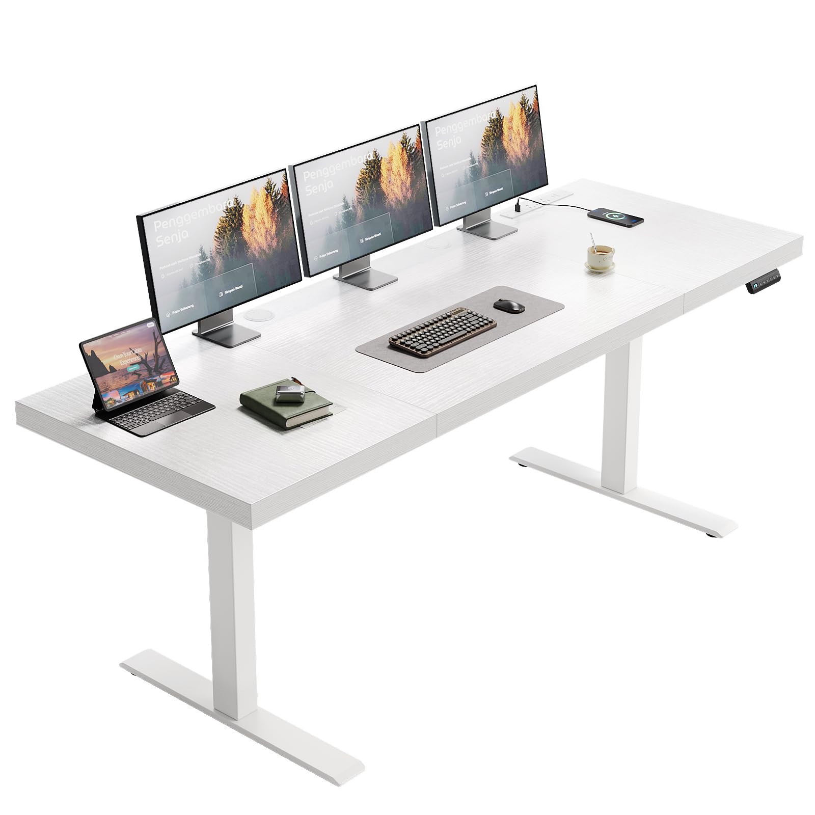 Electric Standing Desk with 3-Piece Board, 71 Inch Height Adjustable Large Desk with Power Outlets, Sit Stand Table, Writing Computer Desk for Home, Office, Workstation, Rustic Brown
