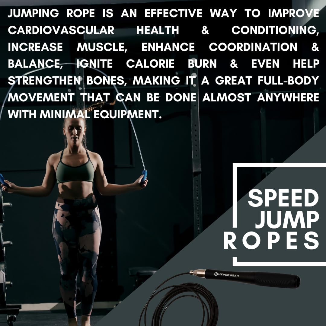 Hyperwear Adjustable Speed Jump Rope - Patented Self-Locking Head, Aluminum Hangles with Knurled Silicone Grips and Bonus Wire Rope for CrossFit, Boxing, and Fitness Training