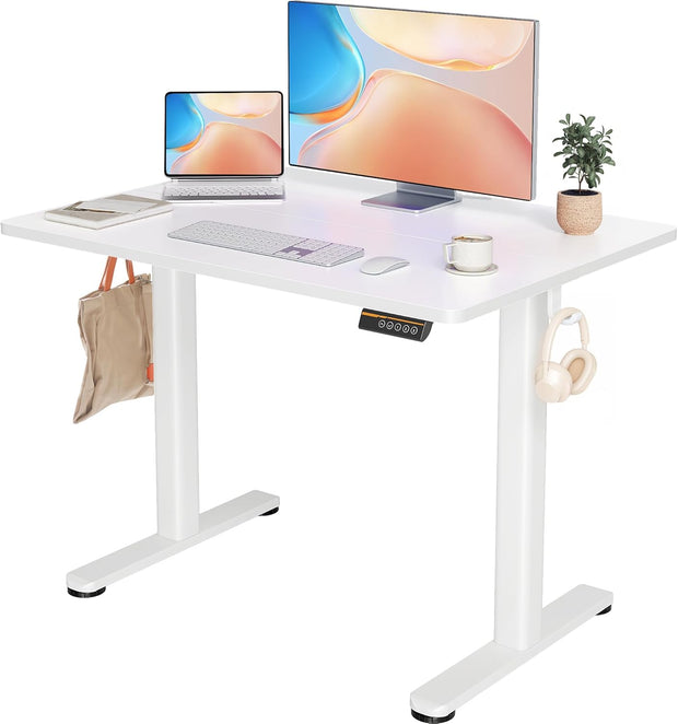 YDN Electric Standing Desk Adjustable Height, 40 x 24 Inches Stand up Desk with Cable Management, Home Office Desks with Splice Board & White Frame, White Top