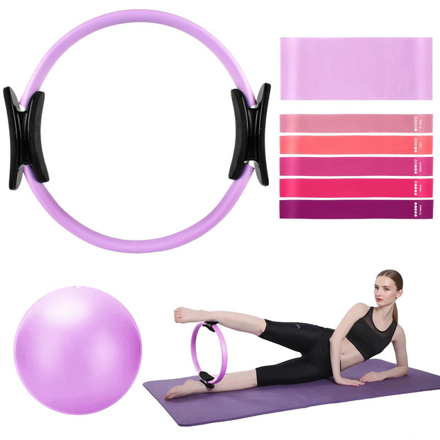 TOPZGLEEY Pilates Ring Set – 14" Anti-Deformation Magic Circle with Padded Handles, Mini Ball, 5 Resistance Bands, Guide, Pilates Equipment for Home Workout