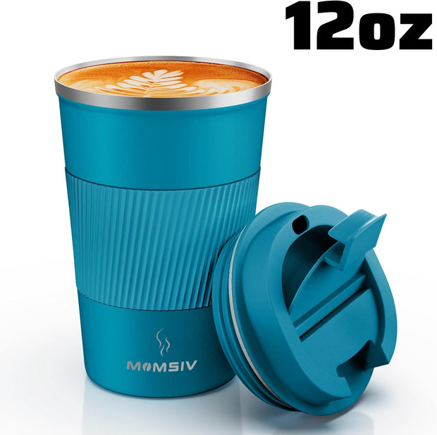 MOMSIV 12oz Travel Mug, Insulated Coffee Cup with Leakproof Lid, Travel Coffee Mug Vacuum Stainless Steel Double Walled Reusable Coffee Cup for Hot and Cold Water Coffee