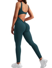 YEOREO Long Sleeve Jumpsuit for Women Workout V Back Bodysuit Lizvette Scrunch Leggings One Piece Romper Full Length Bodycon