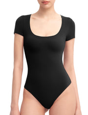 PUMIEY Women's Scoop Neck Short Sleeve Bodysuit Slimming Fit Body suit Top Smoke Cloud Pro Collection