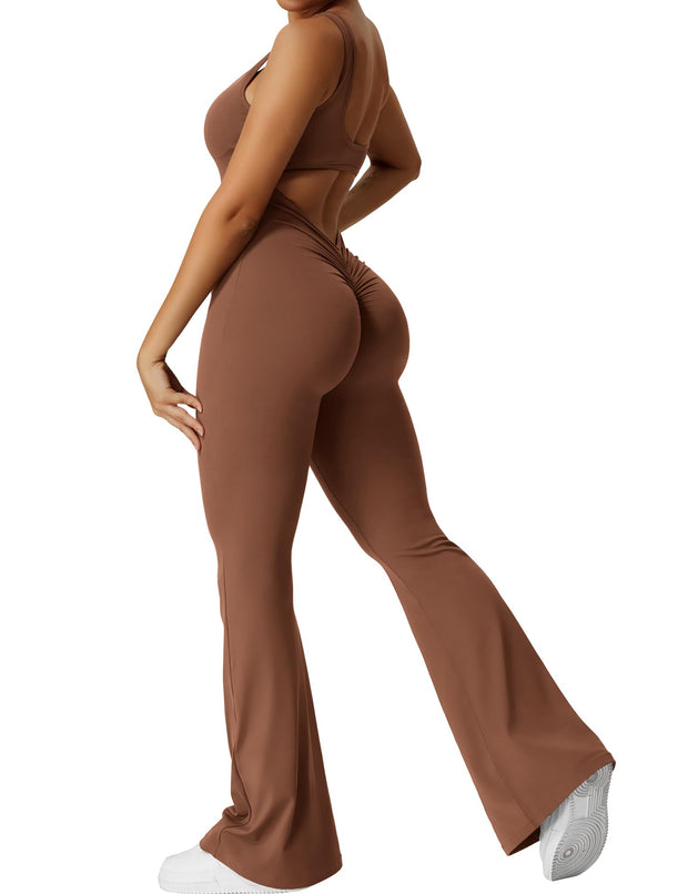 YEOREO Women Workout Scrunch Flare Jumpsuits Sexy Backless Butt Lift Gym Yoga Jumpsuits