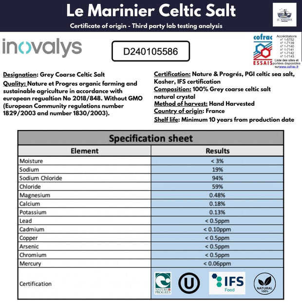 Le Marinier French Sea Salt Grey Coarse, 1.1lb - 18oz. Mineral Rich 100% Natural and Unrefined Celtic Salt Organic. Hand Harvested Mineral Sea Salt, Sel Gris (1.1lb Grey Coarse)