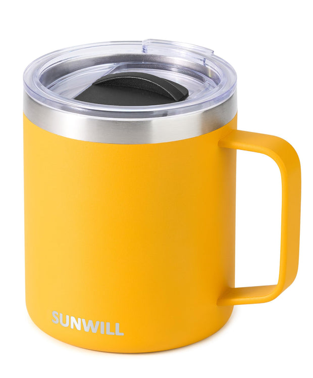 SUNWILL Insulated Coffee Mug with Lid, Travel Tumbler with Handle, 14 oz Stainless Steel Cup for Camping, Office, Home, Powder Coated White