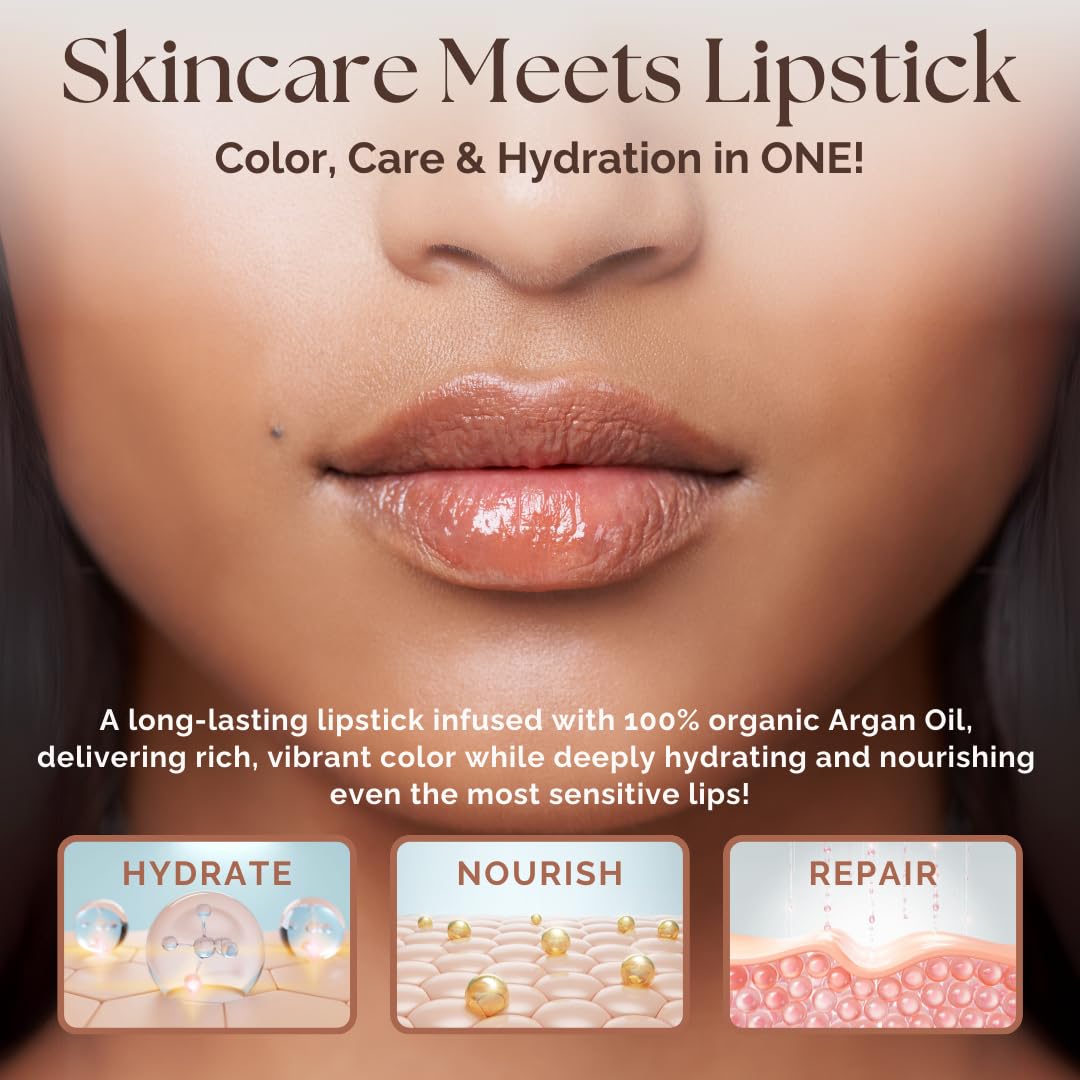 Essence Of Argan Deep Moisturizing and Long Lasting Lipstick - Hydrating Lip Care with 100% Pure Organic Argan Oil, Shea Butter, Jojoba Oil & Aloe Vera - Pink Luster
