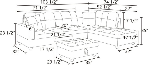 Sectional Couch 103.5" L Shaped Couch Comfy Futon Bed Upholstered Faux Leather 3 Pieces Living Room Furniture Sets with Ottoman and High Density Sponges for Living Room, White