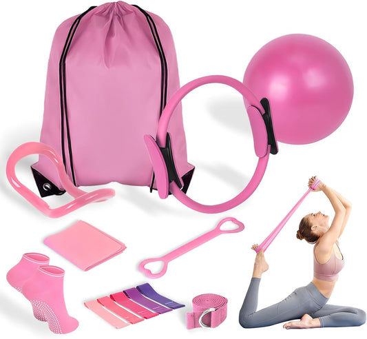 Home Pilates Essentials Kit for Women,Pilates Equipment Set with Mini Yoga Ball,14 Inch Pilates Ring Resistance Band and Accessories,Pilates Bands and Ball Set for Beginners Home Workouts