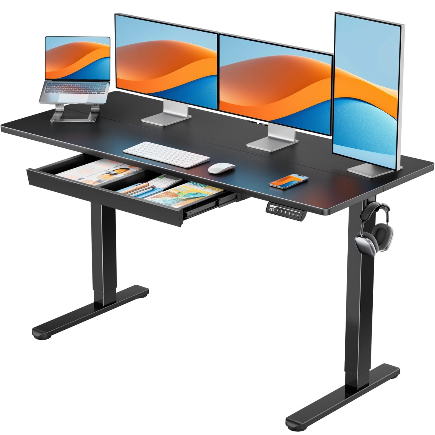 ErGear 44" x 24" Electric Standing Desk with Drawers, Height Adjustable Desk with 4 Preset Heights, Ergonomic Rising Home Office Computer Table with Splice Board, White