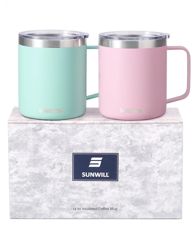 SUNWILL Travel Coffee Mug with Lid, Insulated Tumbler with Handle, 14 oz Stainless Steel Cup for Ice, Water, Tea, Rose Gold