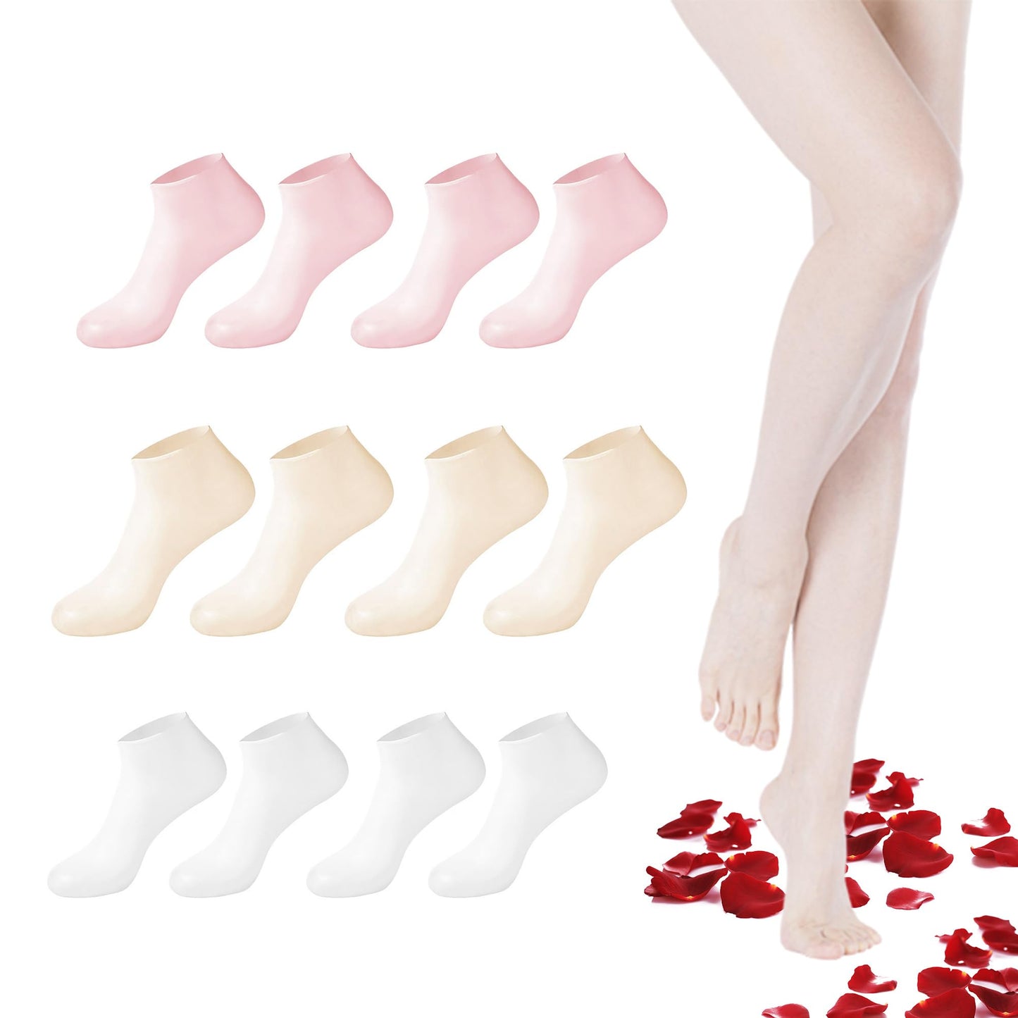 2 Pairs Silicone Socks for Women - Soft Gel Aloe Moisturizing Socks for Women's Spa Pedicure, Repairing Dry Feet, Cracked Heels and Softening Rough Skin - Pink & White
