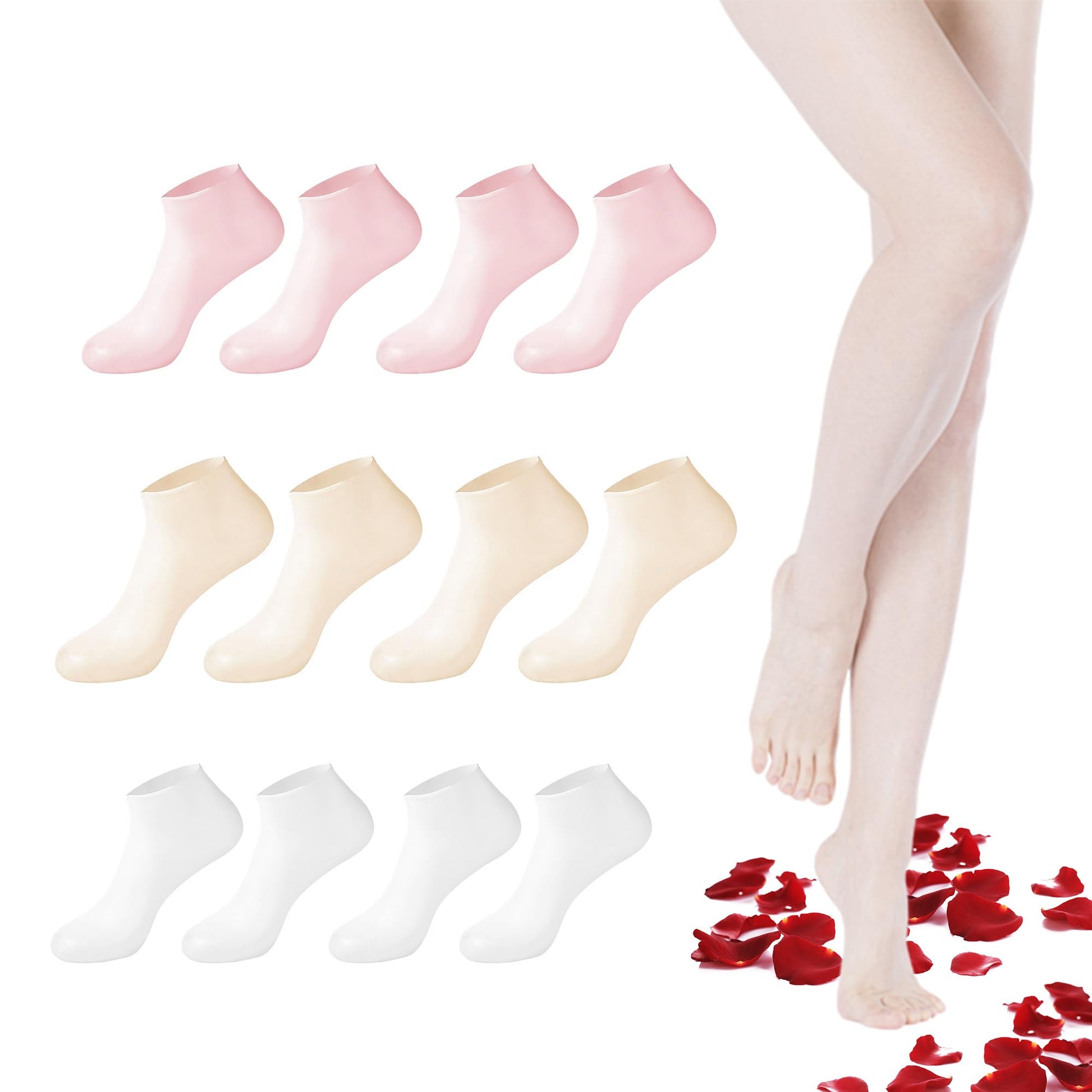 2 Pairs Silicone Socks for Women - Soft Gel Aloe Moisturizing Socks for Women's Spa Pedicure, Repairing Dry Feet, Cracked Heels and Softening Rough Skin - Pink & White