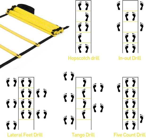 Speed & Agility Ladder Training Equipment Set, Includes 12 Rung 20ft Agility Ladder, 4 Agility Hurdles,12 Disc Cones, 1 Resistance Parachute for Training Football Soccer Basketball Athletes