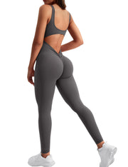 YEOREO Long Sleeve Jumpsuit for Women Workout V Back Bodysuit Lizvette Scrunch Leggings One Piece Romper Full Length Bodycon