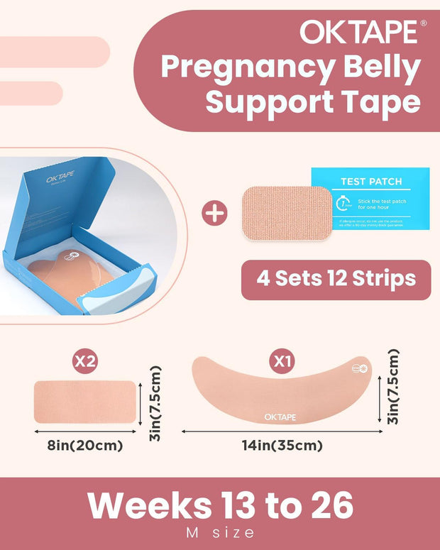 OK TAPE Pregnancy Belly Band Tape, for Belly Pain, Back Pain Relief, Swelling Relief, Non-irritant Physical Belly Support Tape for Pregnant Women, Precut 12 Strips, 4 Sets - Week 27 onwards