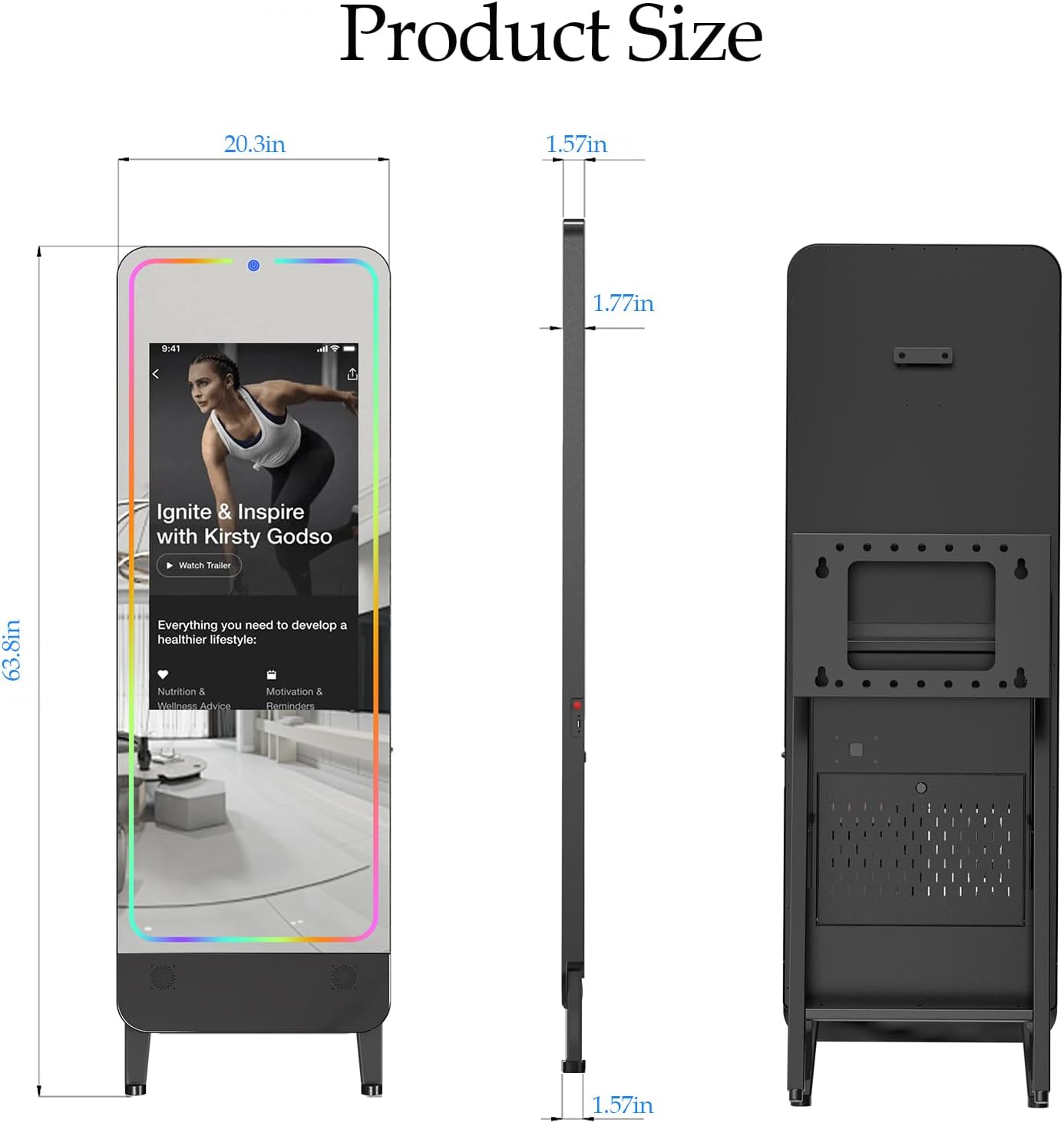 32" Smart Gym Mirror for Home Gym Workout, No VIP Required, 1080P HD Screen, 55" Mirror, Screen mirroring/Miracast/Screen Projection Support Various APP, with Light and Sound Control