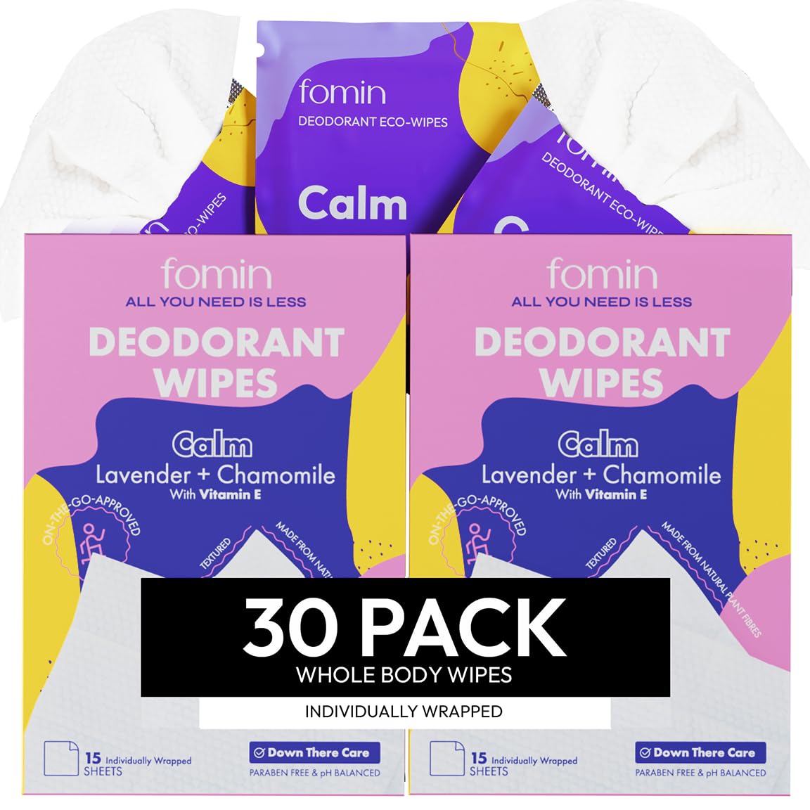 FOMIN Travel Deodorant Wipes - 30 Count - Cucumber and Aloe pH Balanced, Hypoallergenic Mini Deodorant Wipes For Women and Men - Plastic-Free, Individually Wrapped Underarm & Body Wipes