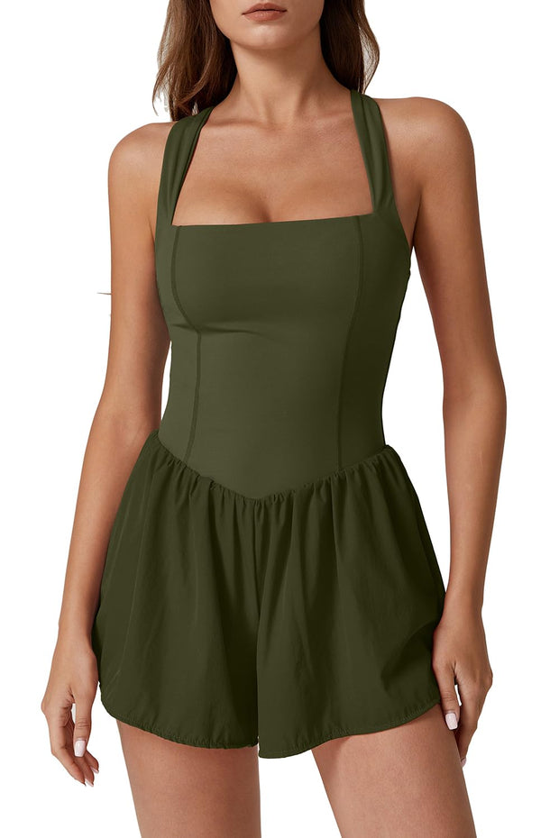 QINSEN Women's Square Neck Sleeveless Romper Jumpsuit Casual Summer One Piece Outfit with Pocket