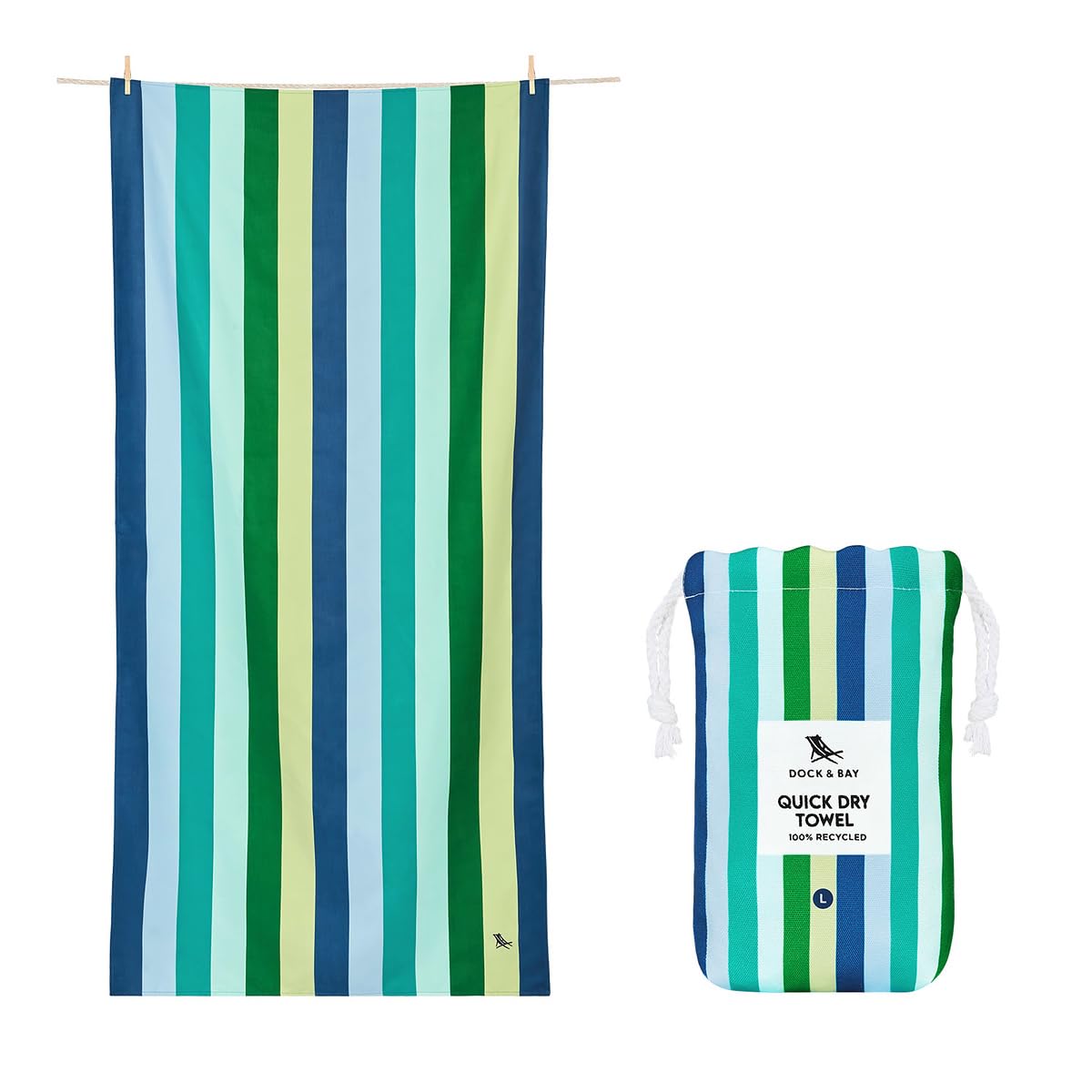 Dock & Bay Beach Towel - Quick Dry, Sand Free - Compact, Lightweight - 100% Recycled - Includes Bag - Cabana - Bondi Blue - Large (160x90cm, 63x35)