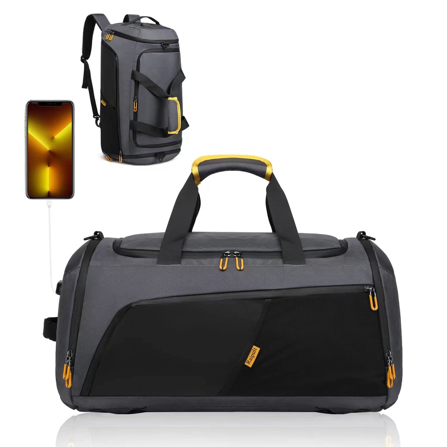 Gym Duffle Bag for Men Women, Travel Duffel Bag Backpack with Shoe Compartment & Wet Pocket, 50L Waterproof Sports Overnight Weekender Bag with USB Port, Black