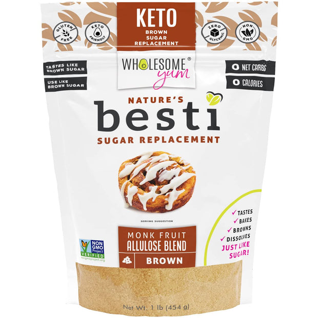 Wholesome Yum Besti Natural Brown Sugar Substitute - Keto Brown Monk Fruit Sweetener Blend With Allulose (No Erythritol) - Non GMO, Zero Carb, Zero Calorie, Sugar Free, No Aftertaste (12 oz)