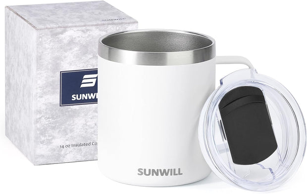 SUNWILL Insulated Coffee Mug with Lid, Travel Tumbler with Handle, 14 oz Stainless Steel Cup for Camping, Office, Home, Powder Coated White