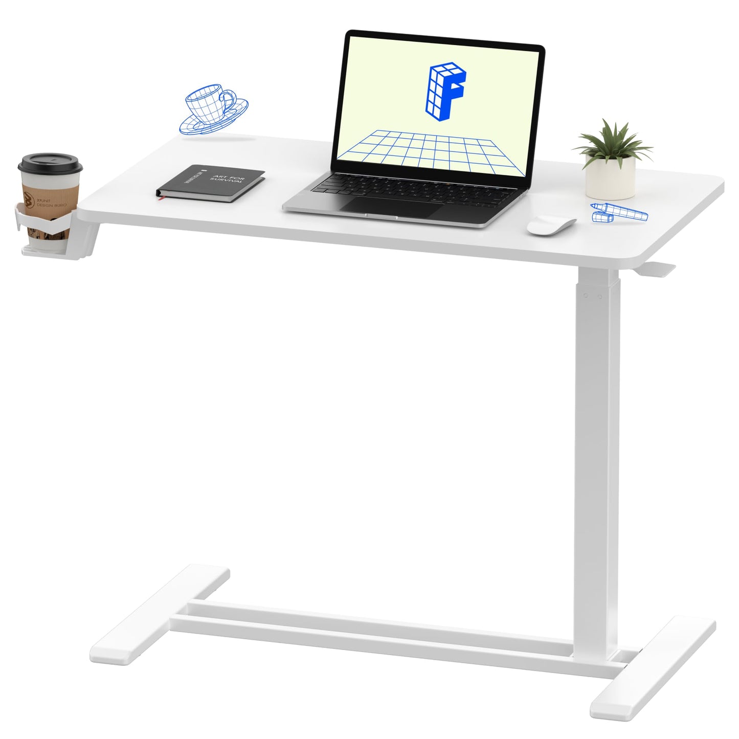 FLEXISPOT H7 Adjustable Overbed Bedside Table with Wheels Pneumatic Mobile Standing Desk Laptop Desk Rolling Computer Cart Movable Overbed Table Hospital Home Use(27.6" W x 15.7" D, White)