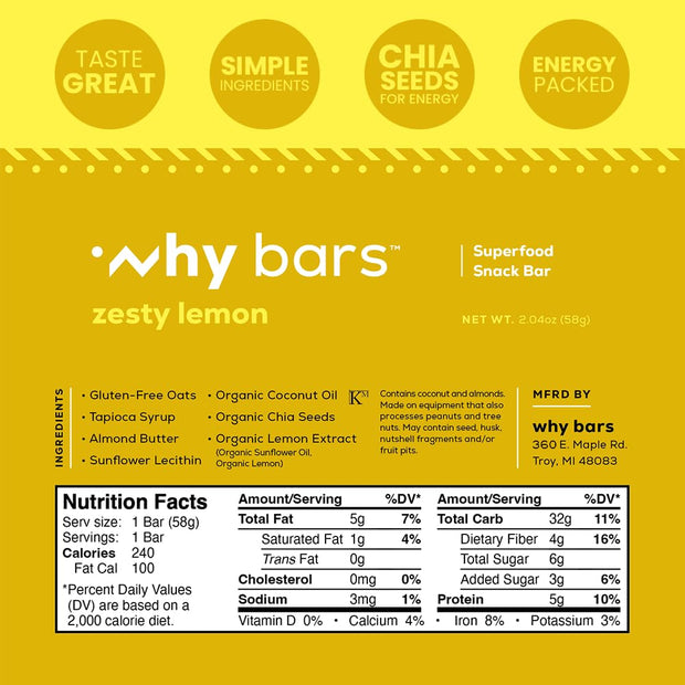 Why Bars, Protein Bars, Variety Pack, 2.04 Ounce Bars (Pack of 12 Protein Bars) - Protein Bar Superfood, Gluten Free, Non GMO, Organic, Vegan, Simple Ingredients