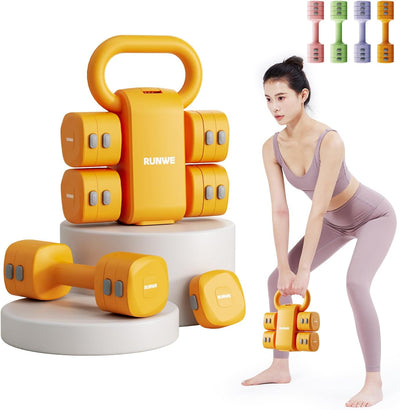 Lightweight Adjustable Dumbbell Kettlebell Set - 4 in 1 Free Weight Set with Kettlebell Grip Converter, Each 2.2 3.3 4.4 5.5lb Quick Change Weight Women Dumbbell Set for Small Spaces Home Gym